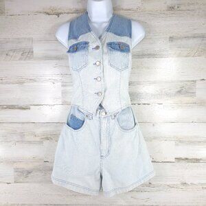 VINTAGE 90's SQUEEZE JEANS WOMEN'S SIZE 3/4 SMALL BLUE DENIM ROMPER SLEEVELESS..